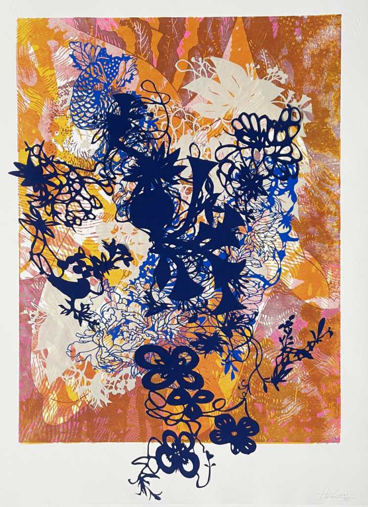 Fred H.C.Liang, Crescent Edge III, 2024, Gouache, 4 block woodcut, paper cut, 30 x 22 inches